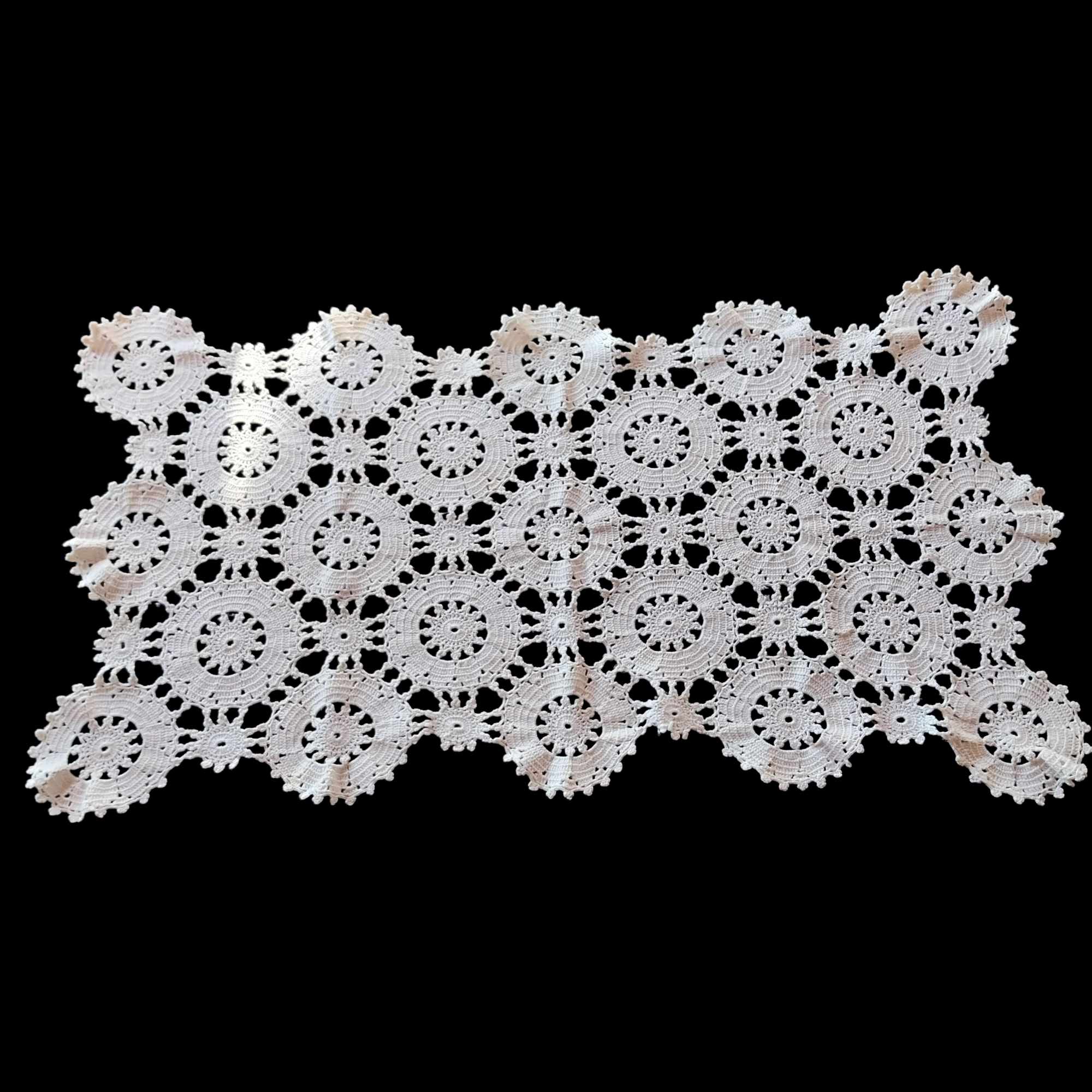 Vintage hand-crocheted white lace table runner with circular medallion motifs