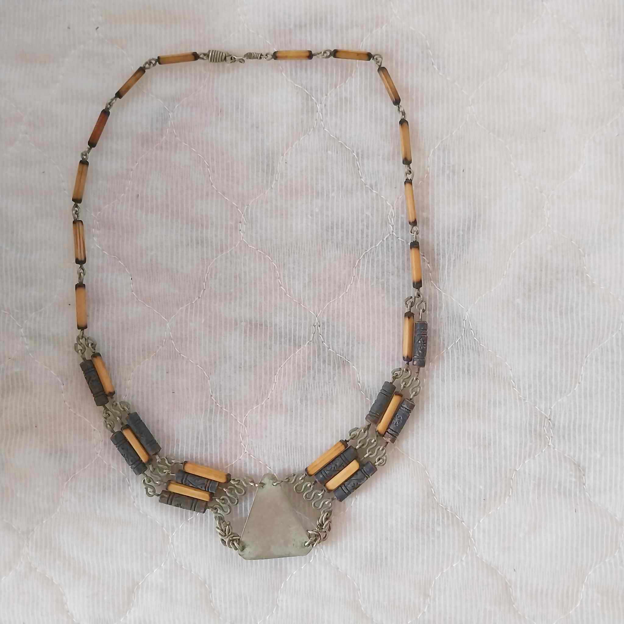 Unique antique necklace with green malachite