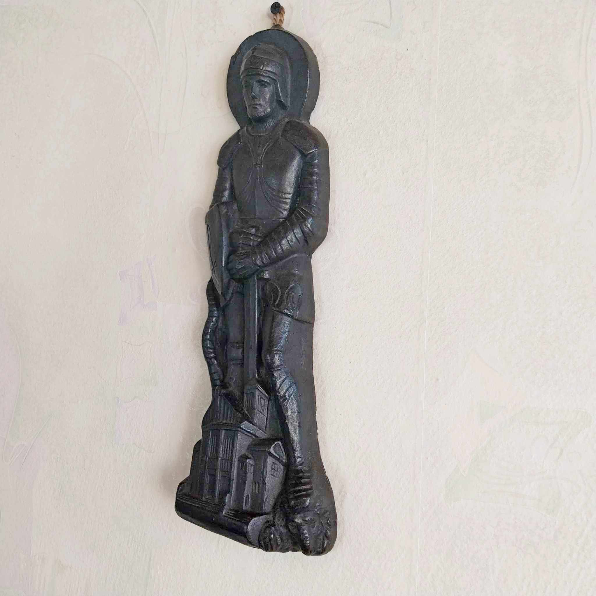 Rare Vintage Paraffin Wall Figurine — Saint Knight with Cathedral