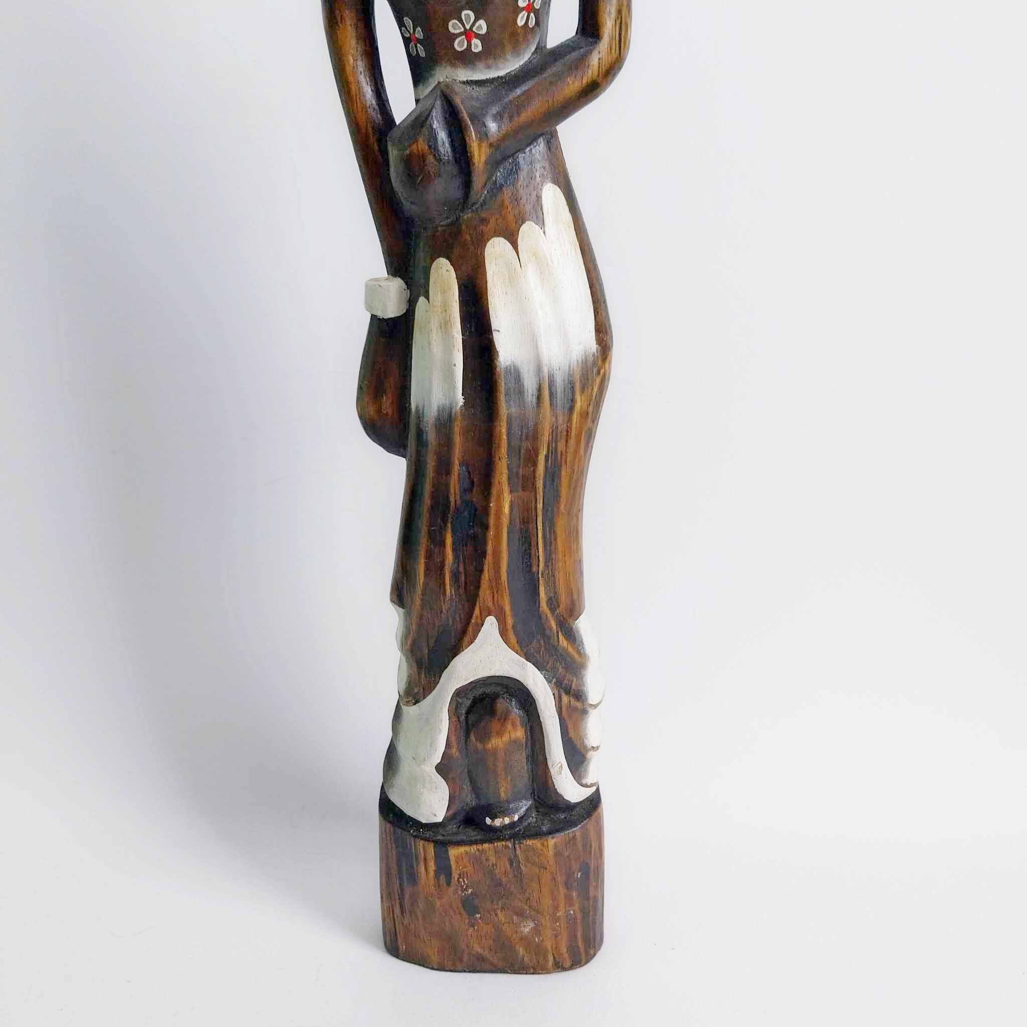 Vintage Tall Wooden Female Figure with Floral Motifs