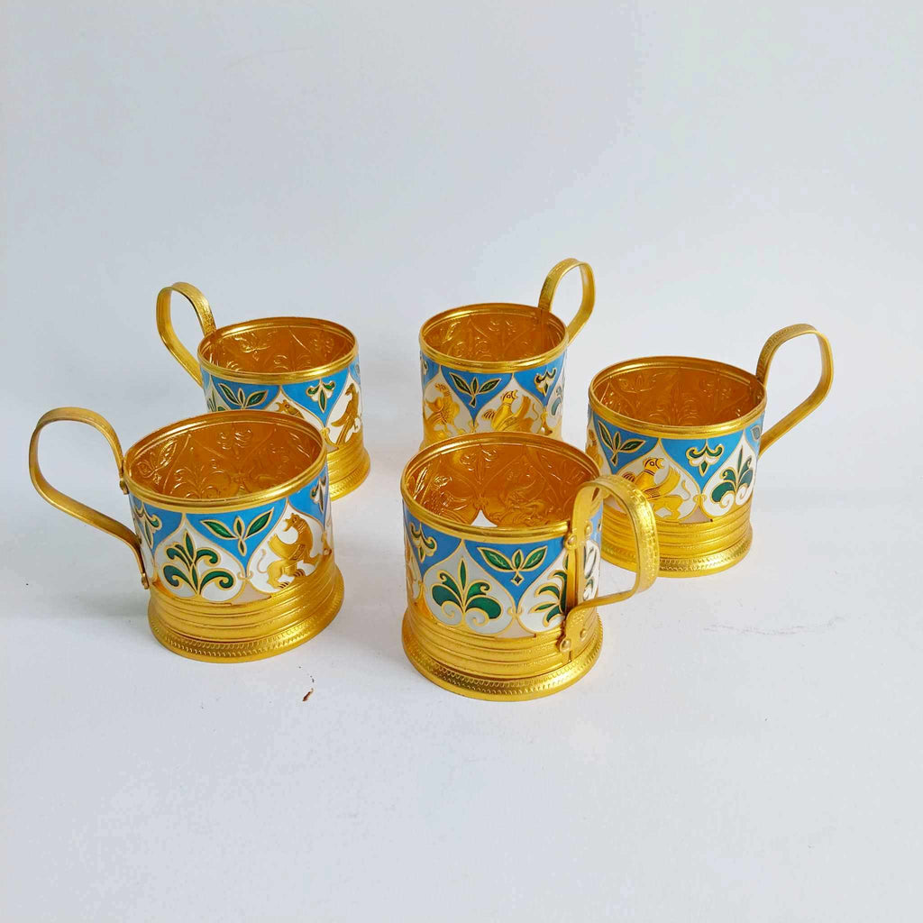 Set of 5 USSR Glass Holders, Aluminum, Enameled, Vintage Soviet Podstakannik