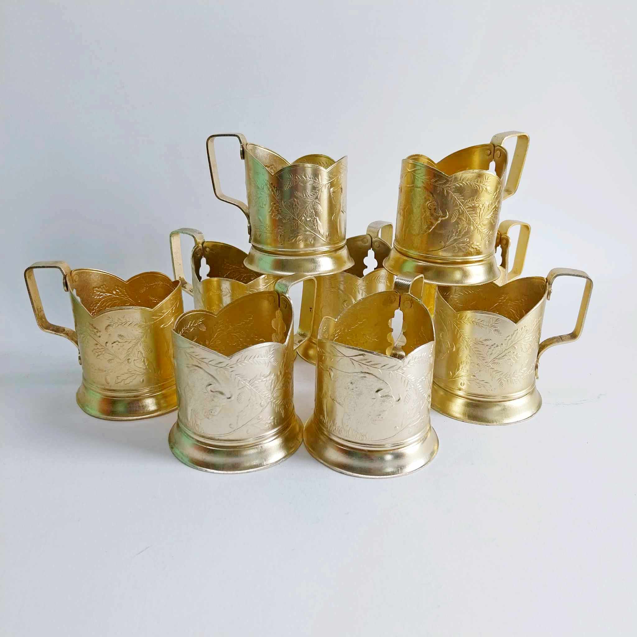 Vintage Soviet Podstakannik Tea Glass Holders — Set of 9, Aluminium
