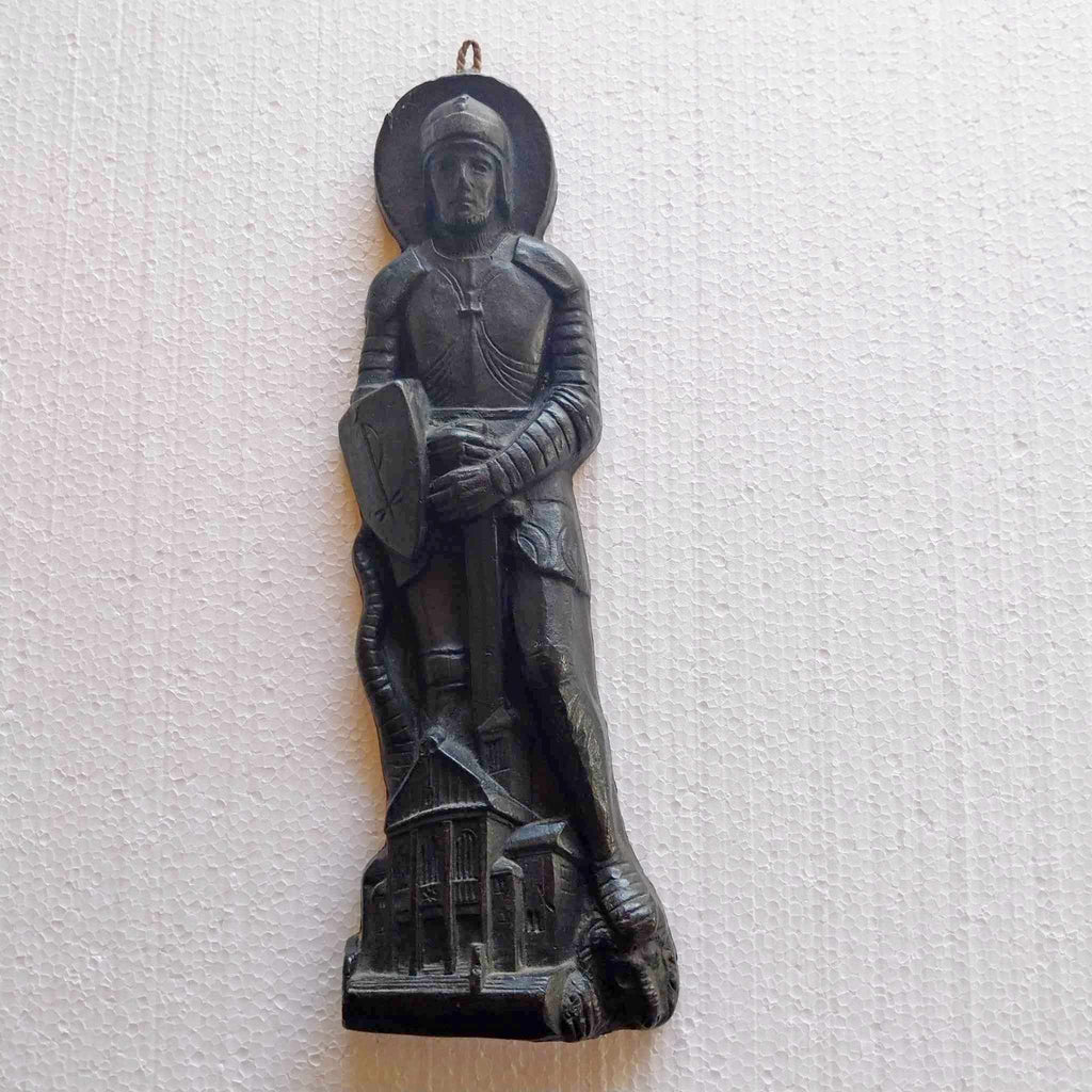 Rare Vintage Paraffin Wall Figurine — Saint Knight with Cathedral