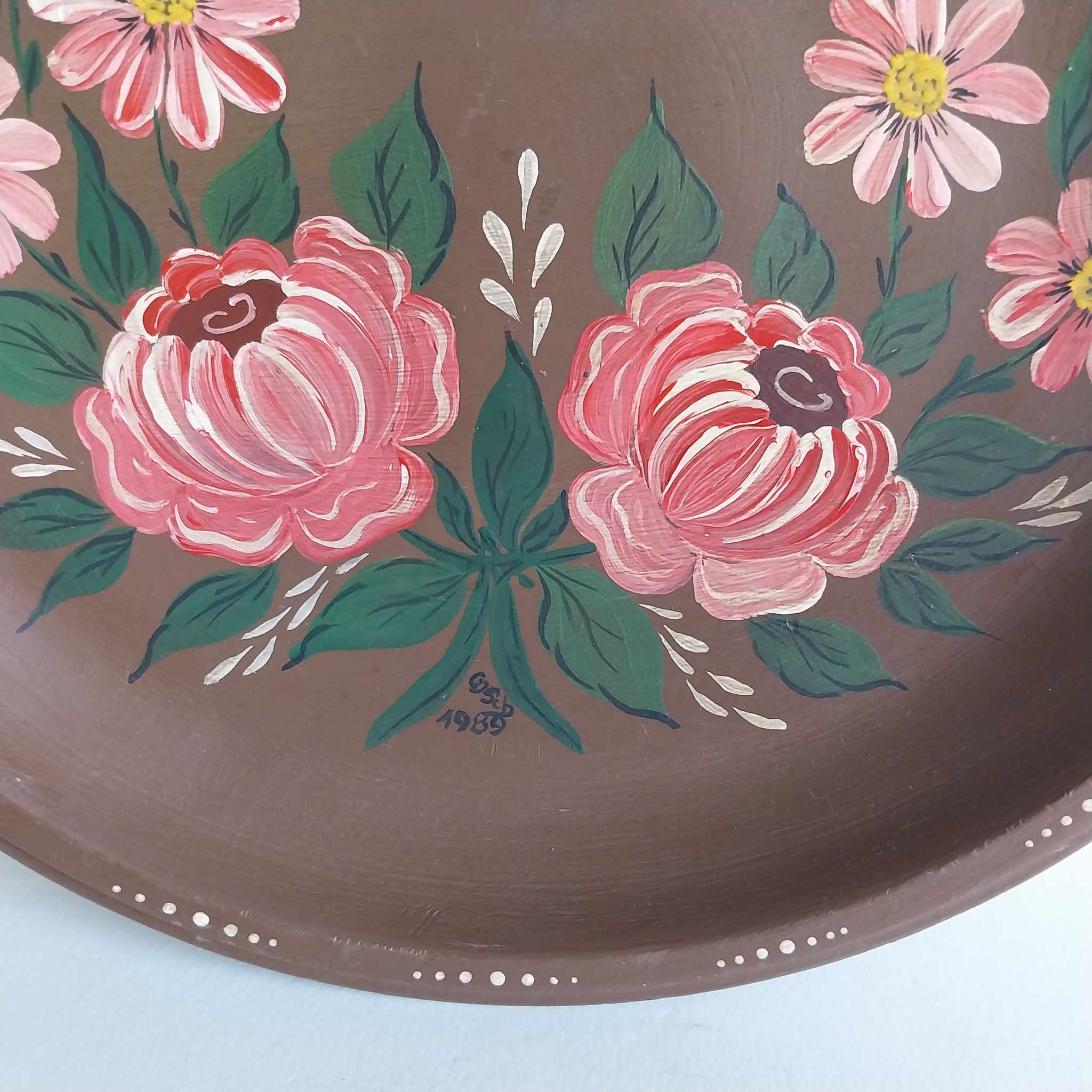 Vintage Hand-painted Wooden Decorative Plate — Floral Folk Art, 1989