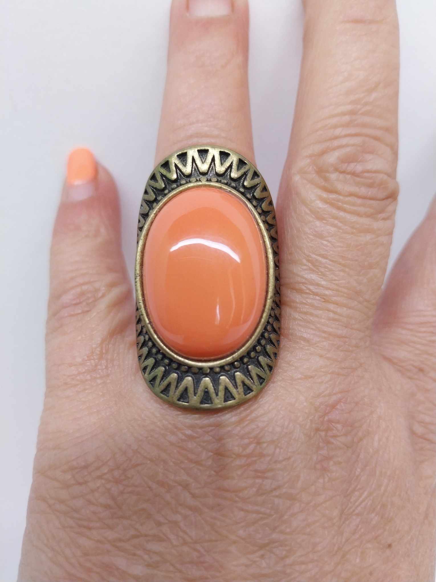 Vintage Coral Cabochon Statement Ring — Antique Bronze Setting