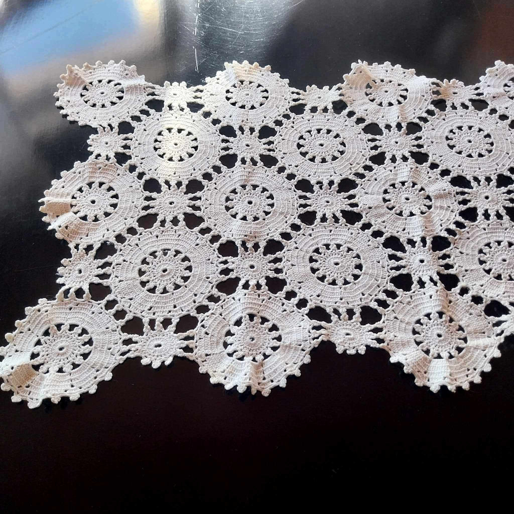 Vintage Hand-Crocheted Lace Table Runner — White Circular Motif Doily Mat