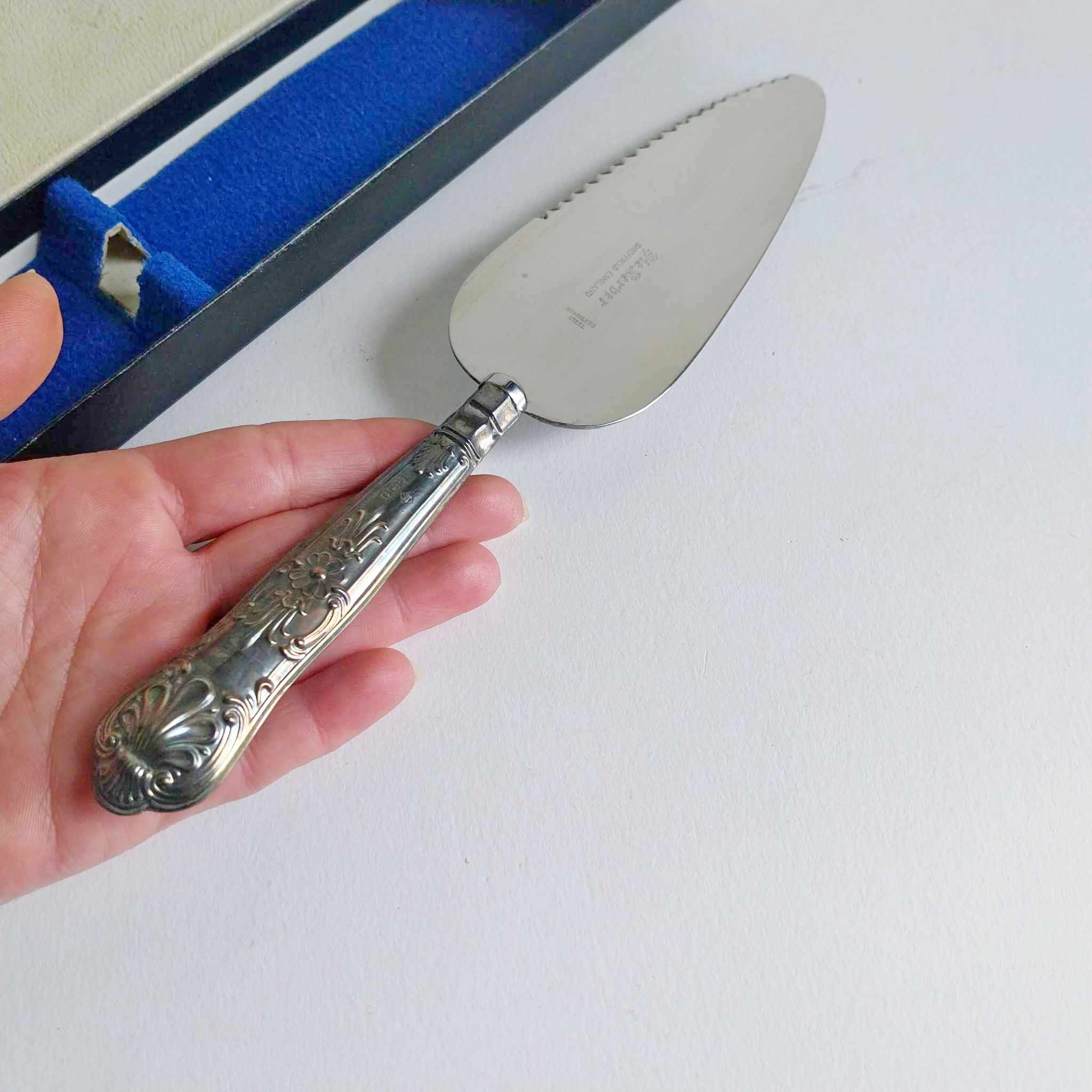 Vintage stainless steel and silver cake spatula Sheffield England with certificate