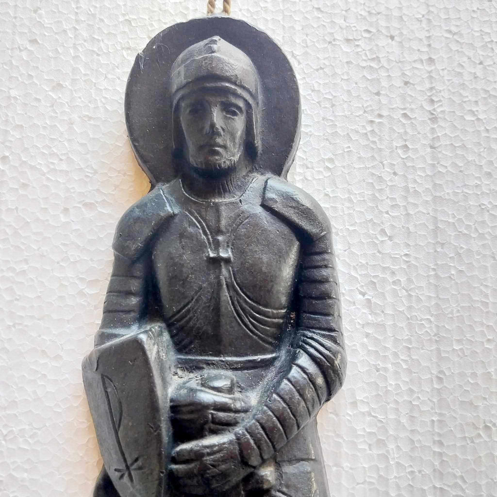 Rare Vintage Paraffin Wall Figurine — Saint Knight with Cathedral