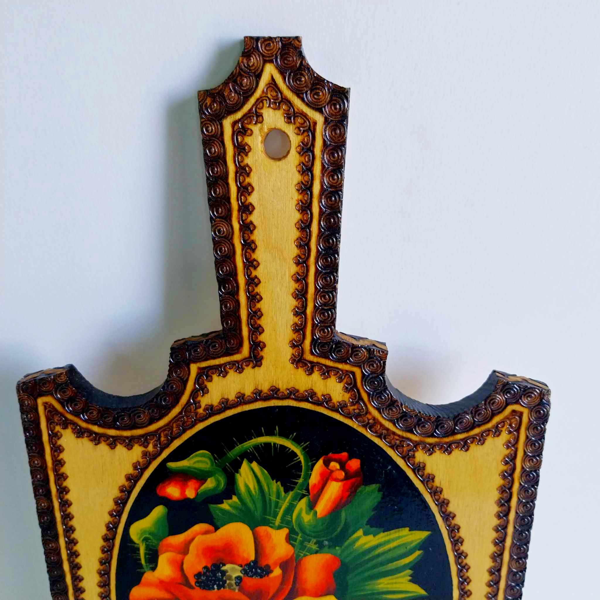 Vintage wooden cutting board from the USSR, hand-painted with poppies