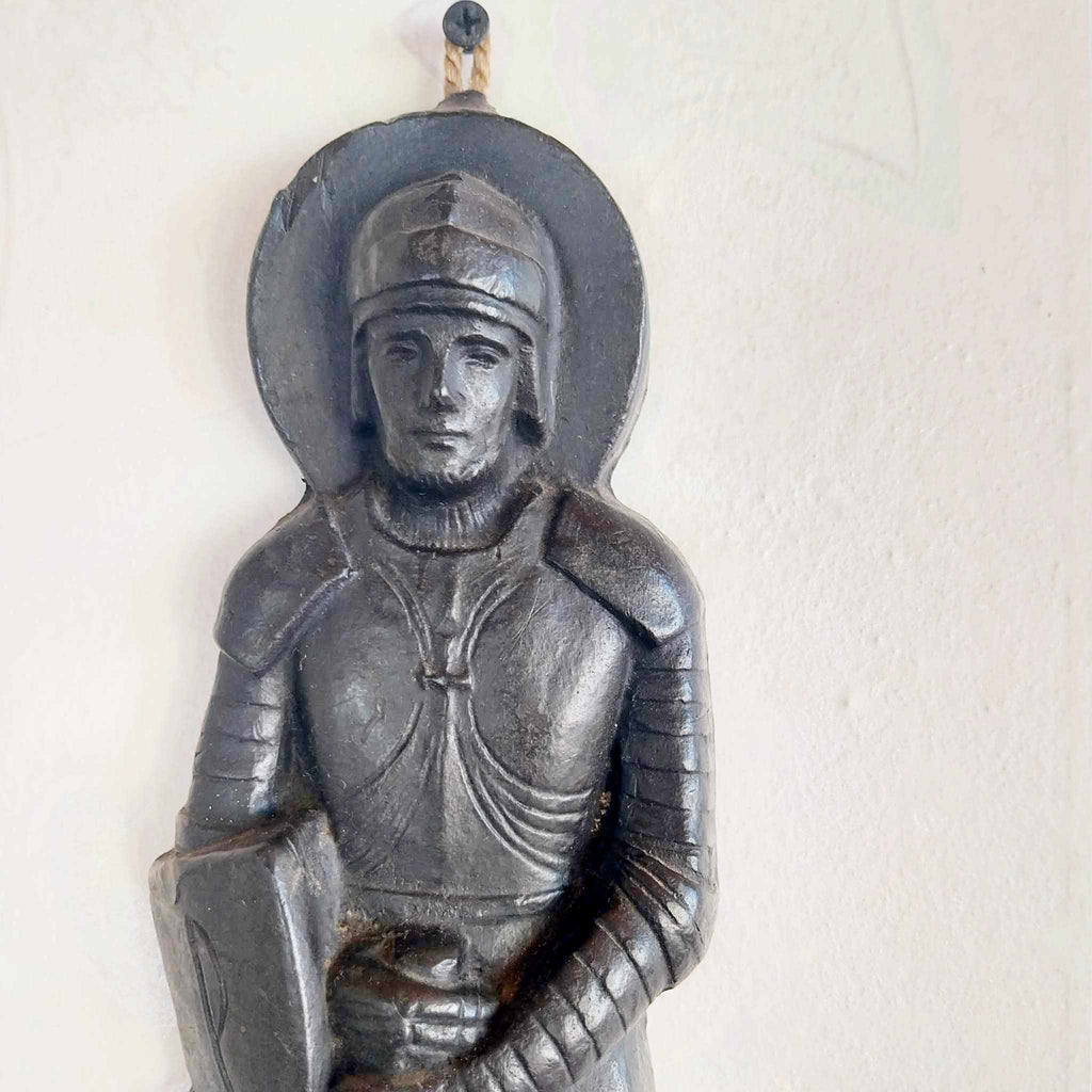 Rare Vintage Paraffin Wall Figurine — Saint Knight with Cathedral