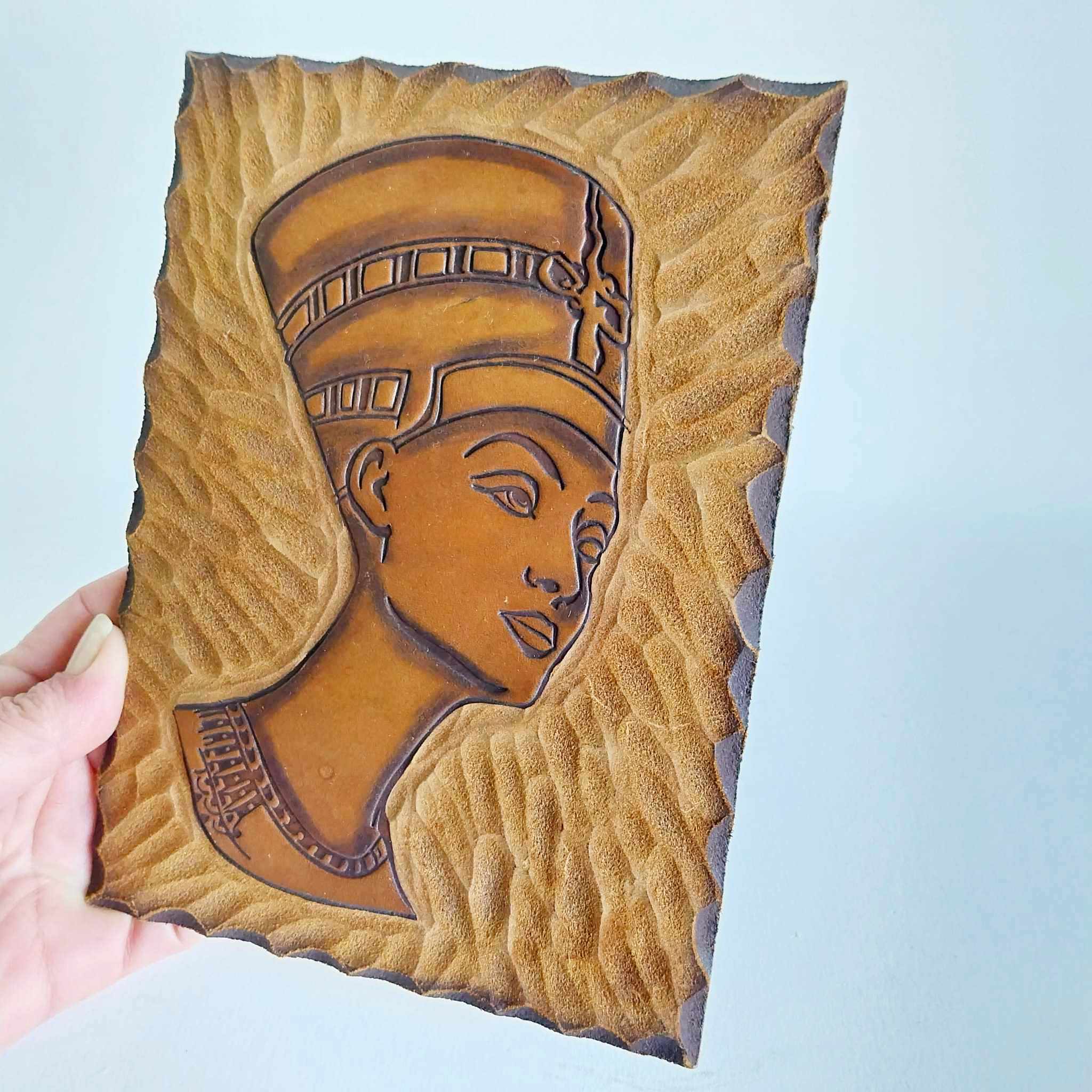 Vintage Leather Wall Plaque — Queen Nefertiti, Hand-Carved Relief