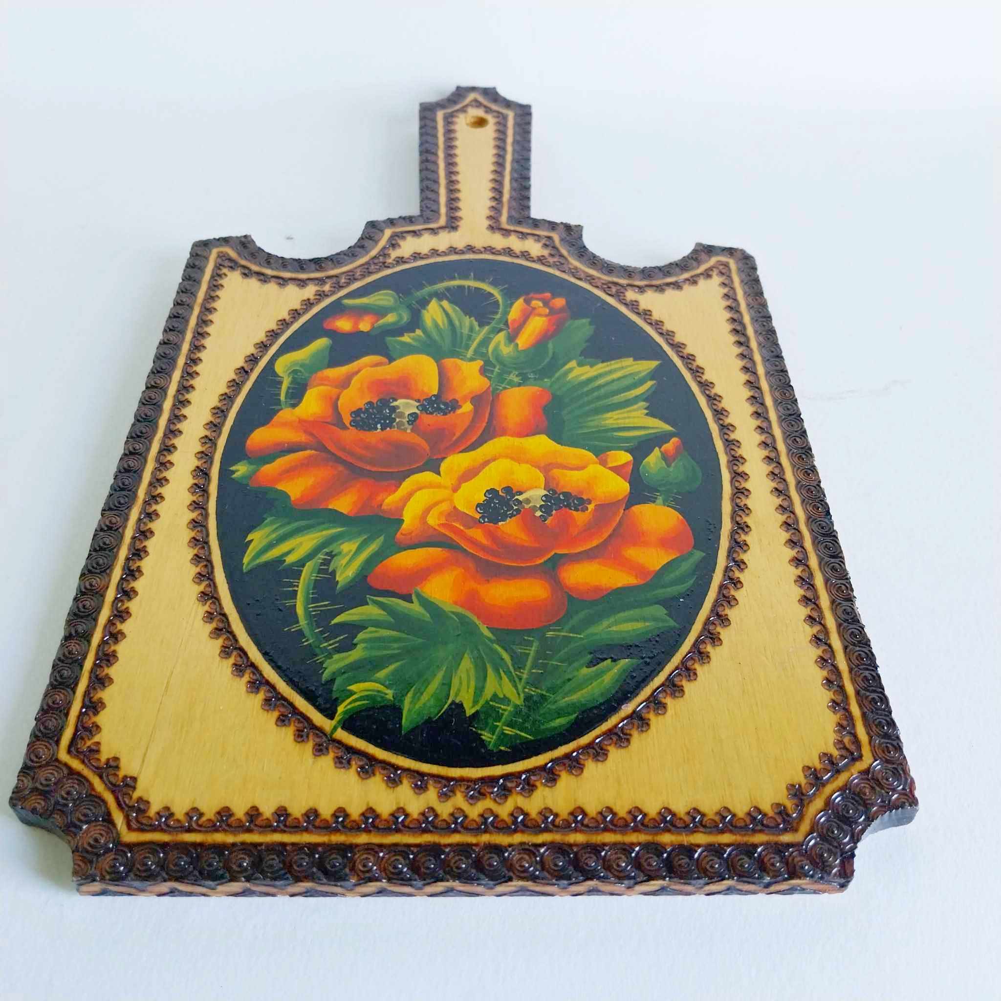 Vintage wooden cutting board from the USSR, hand-painted with poppies