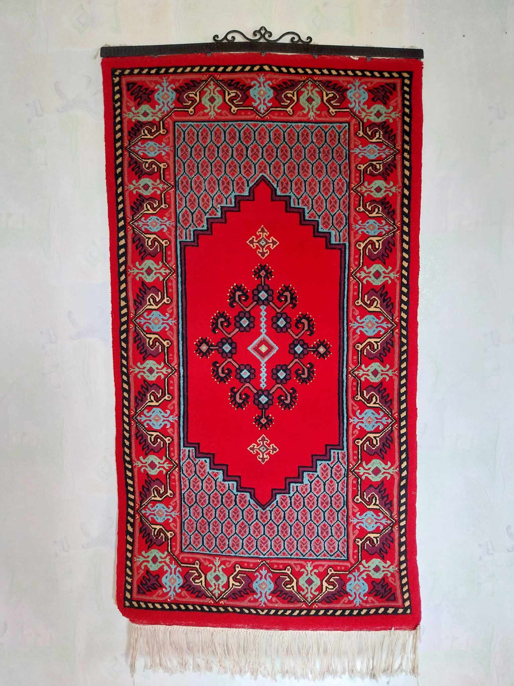 Vintage Tunisian Wool Wall Rug — Geometric Medallion, 1988