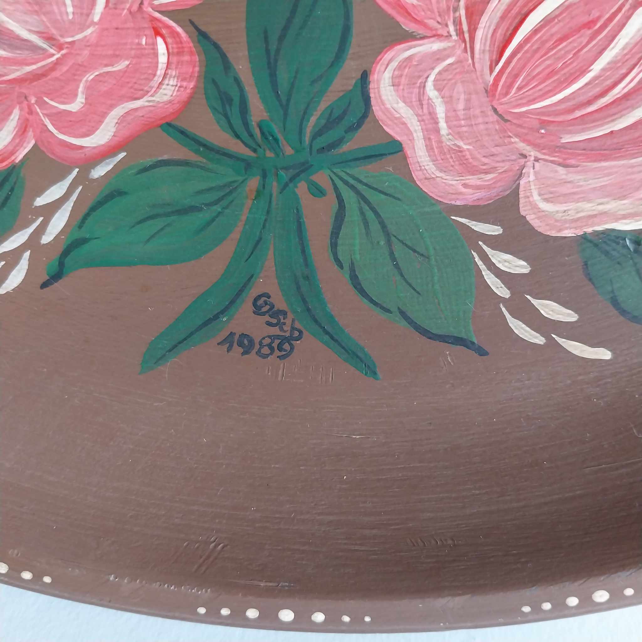 Vintage Hand-painted Wooden Decorative Plate — Floral Folk Art, 1989