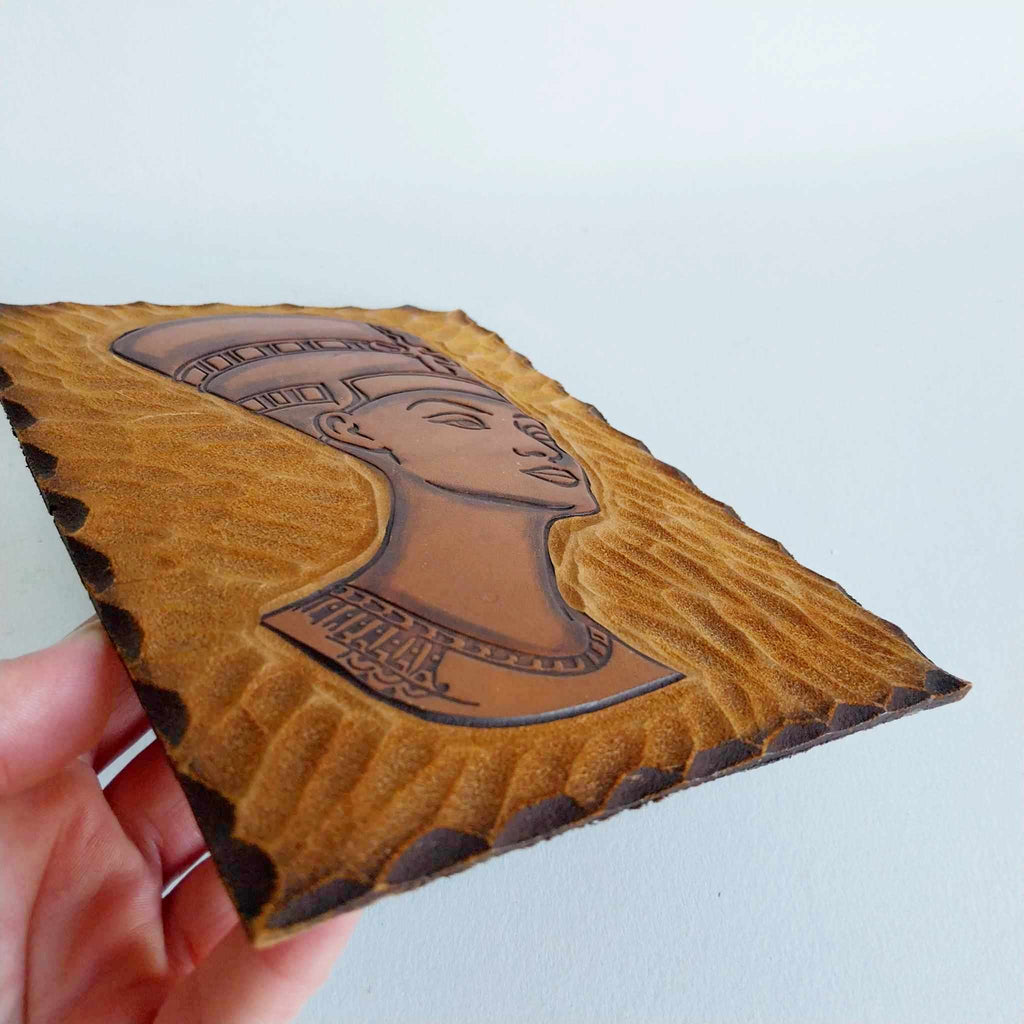 Vintage Leather Wall Plaque — Queen Nefertiti, Hand-Carved Relief