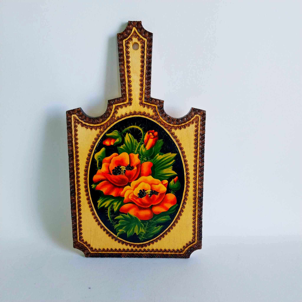 Vintage wooden cutting board from the USSR, hand-painted with poppies