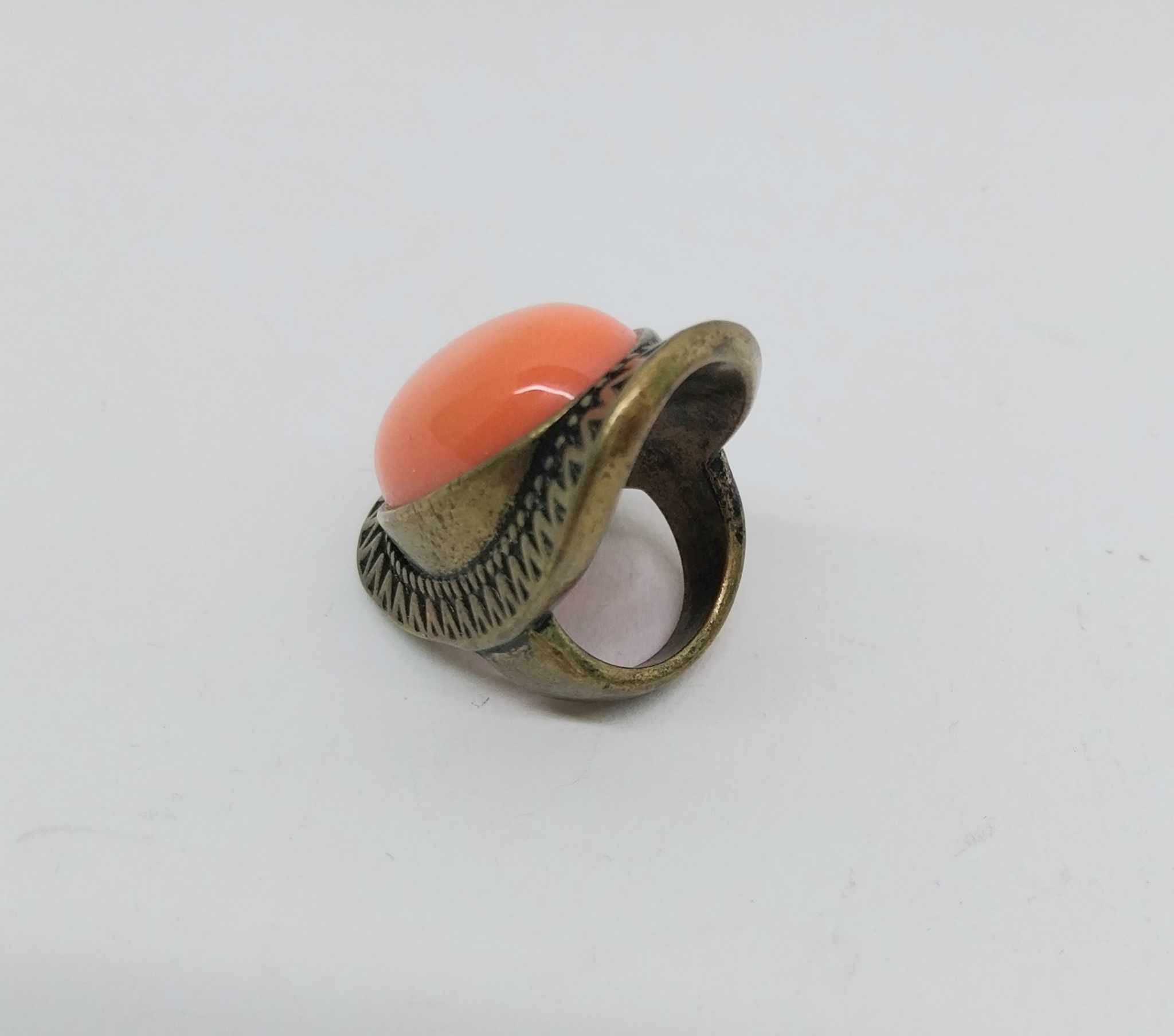 Vintage Coral Cabochon Statement Ring — Antique Bronze Setting