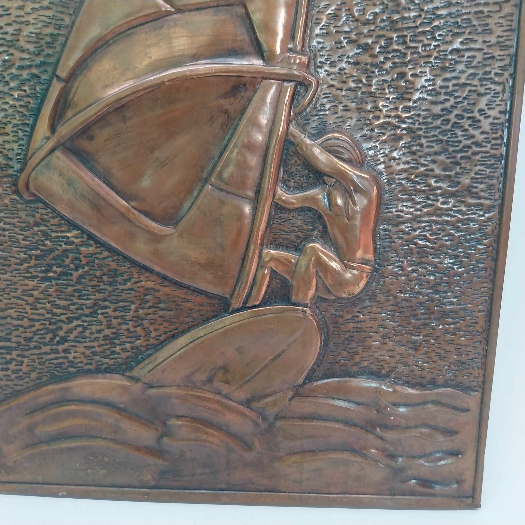 Vintage copper picture "Surfer", Handmade embossed copper decoration