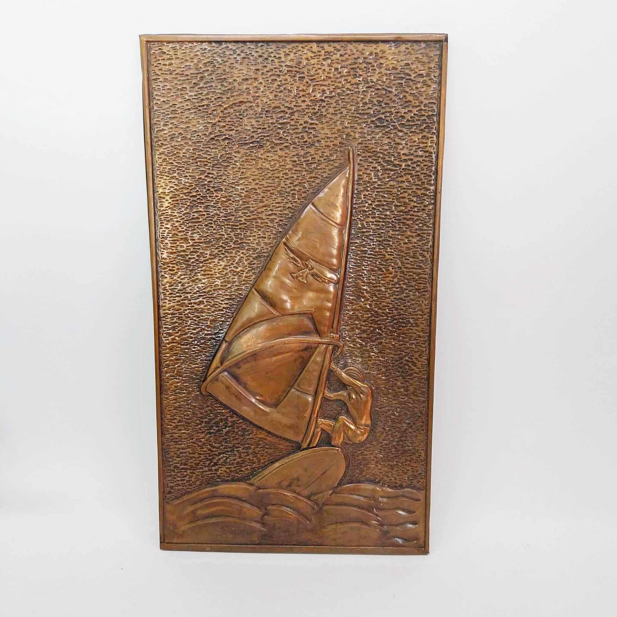 Vintage copper picture "Surfer", Handmade embossed copper decoration