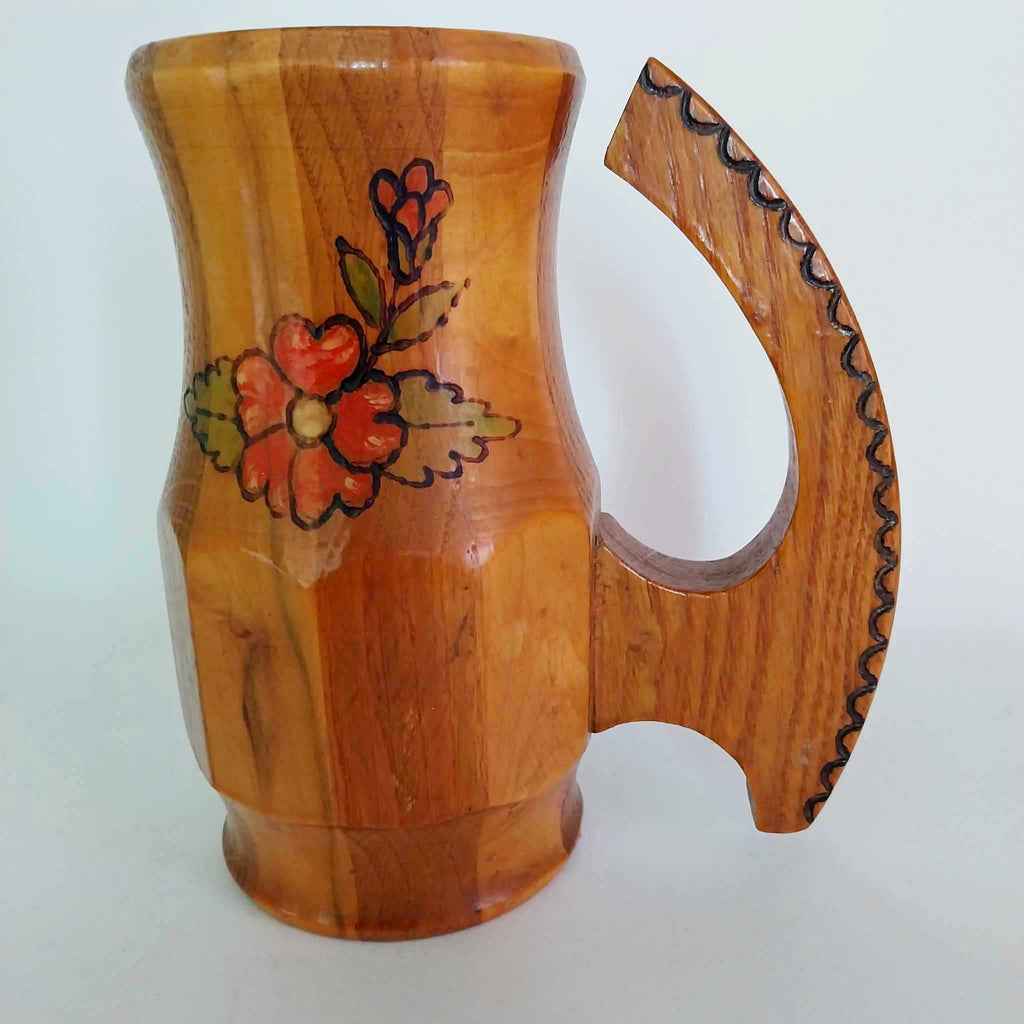 Vintage Handmade Wooden Beer Mug — Hand-painted Floral Folk Art