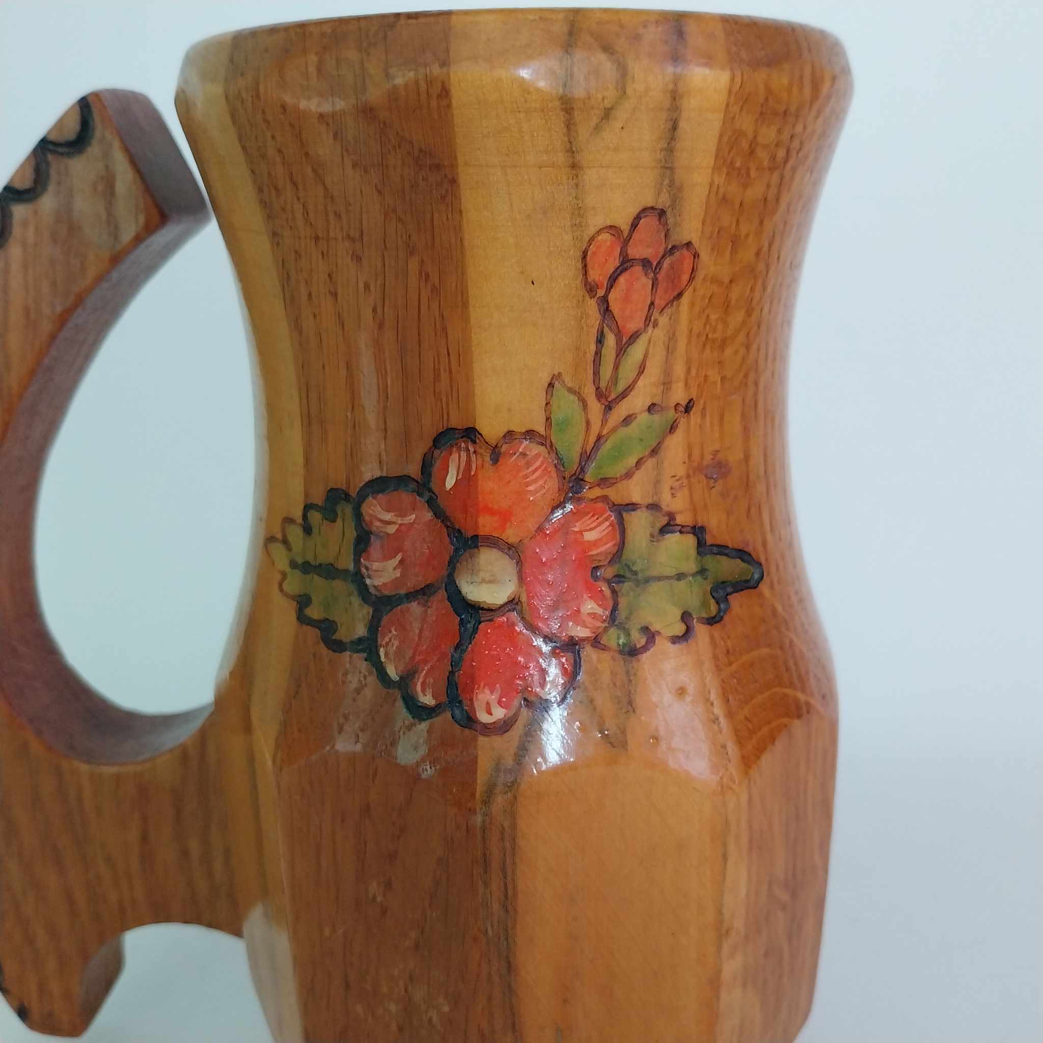 Vintage Handmade Wooden Beer Mug — Hand-painted Floral Folk Art