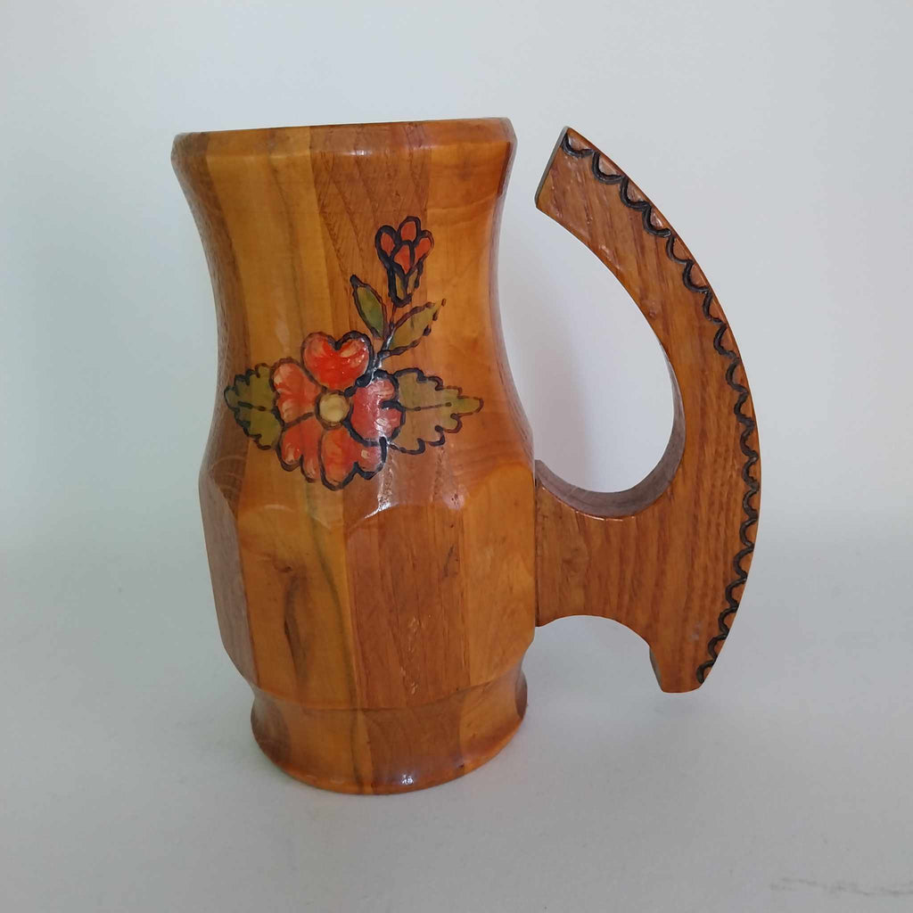 Vintage Handmade Wooden Beer Mug — Hand-painted Floral Folk Art