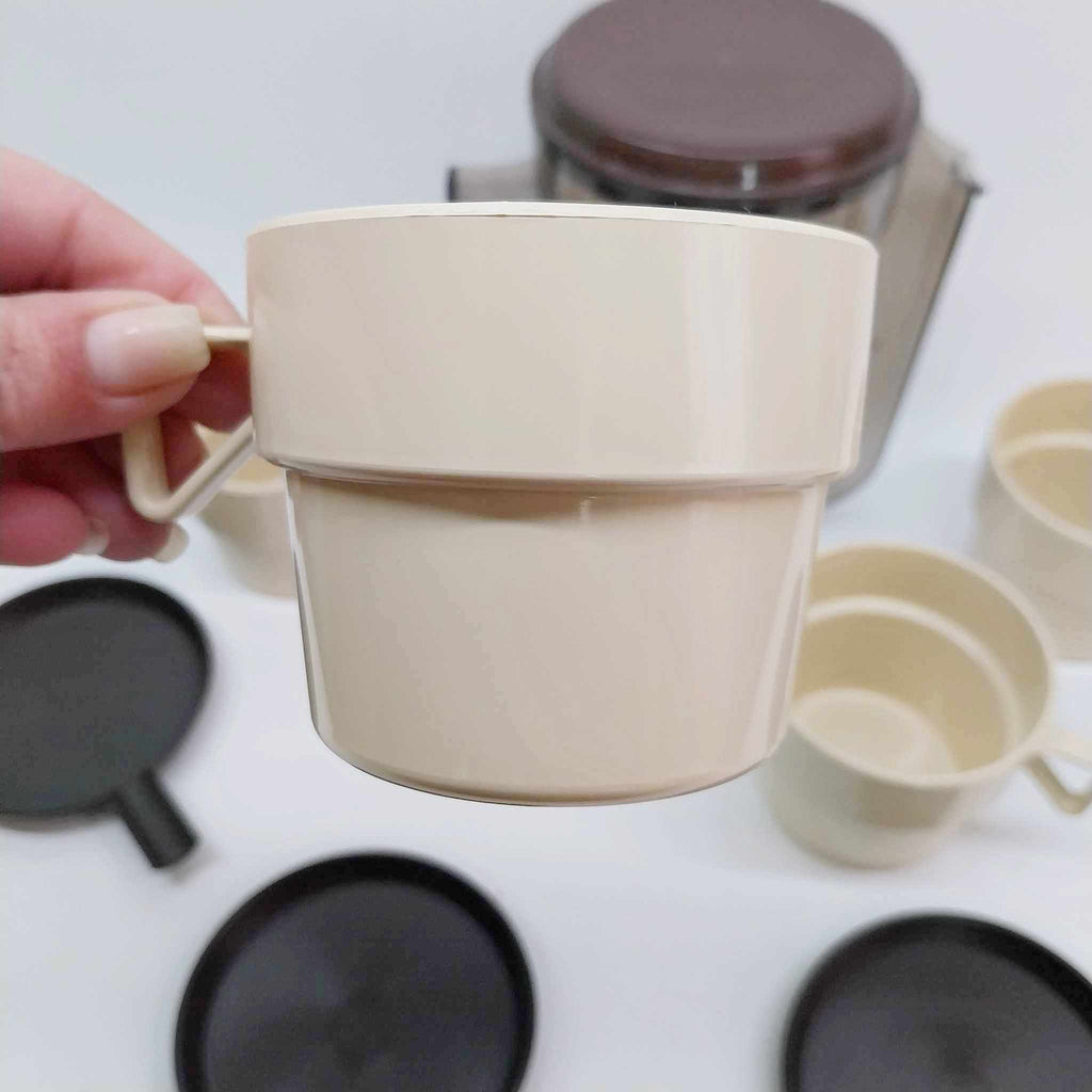 Vintage 1970s Travel Coffee Set — Pitcher, 4 Cups & 4 Saucers, Retro Plastic