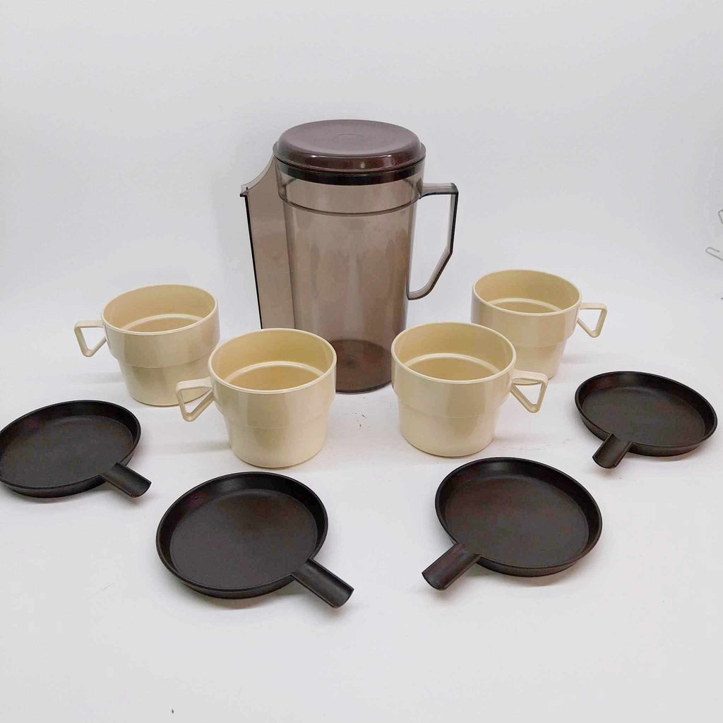 Vintage 1970s Travel Coffee Set — Pitcher, 4 Cups & 4 Saucers, Retro Plastic