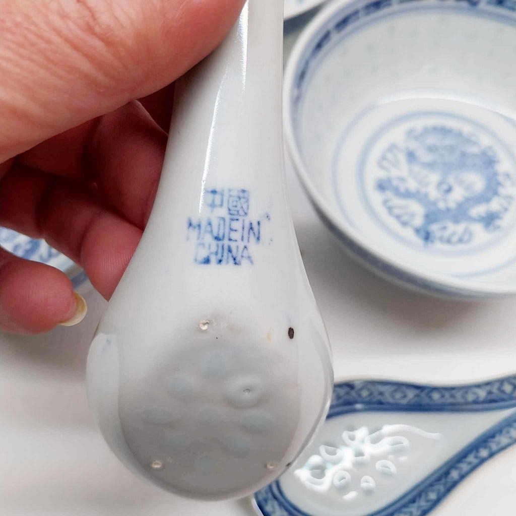 Vintage Chinese Blue & White Porcelain Set — 3 Rice Bowls with Matching Spoons, Dragon Motif