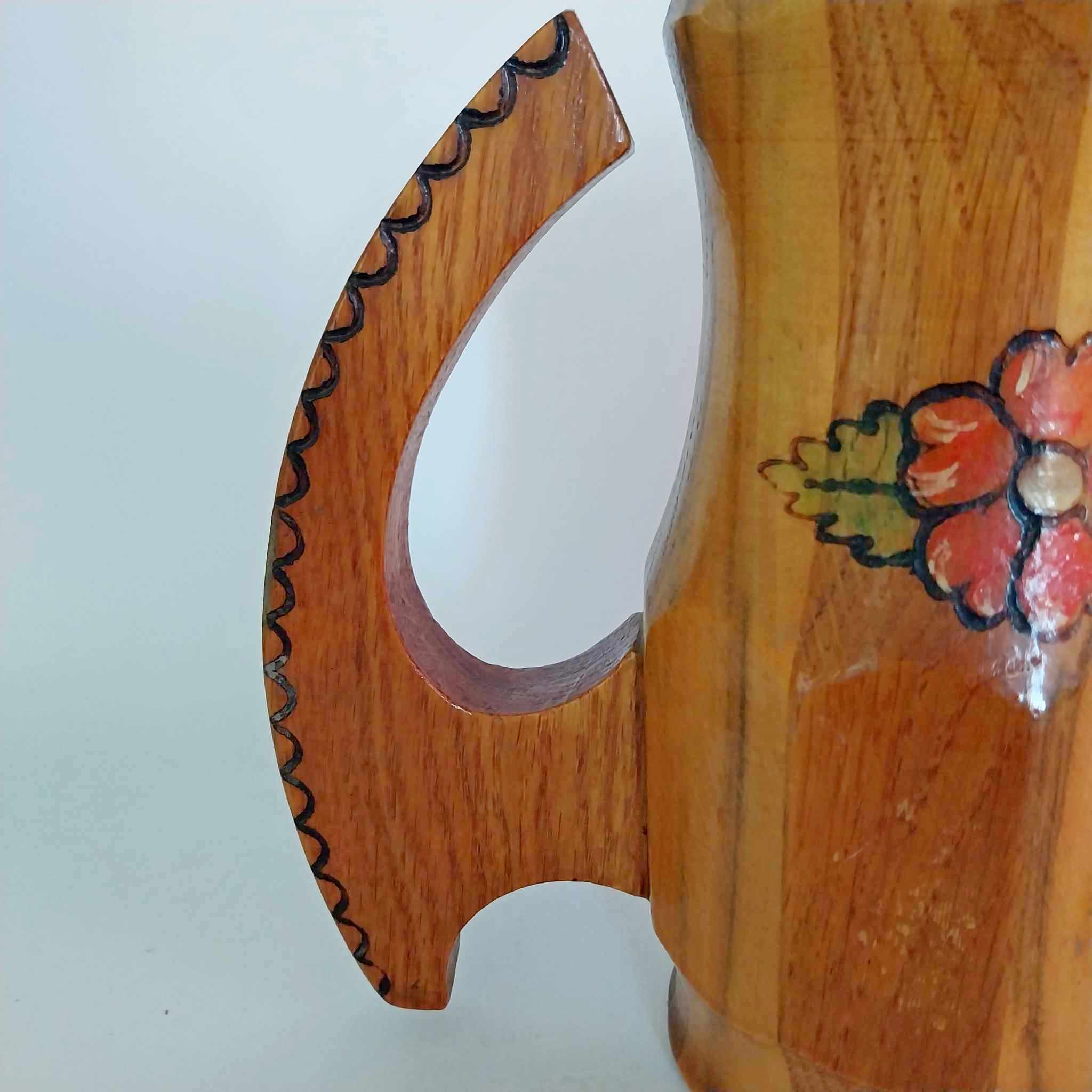 Vintage Handmade Wooden Beer Mug — Hand-painted Floral Folk Art