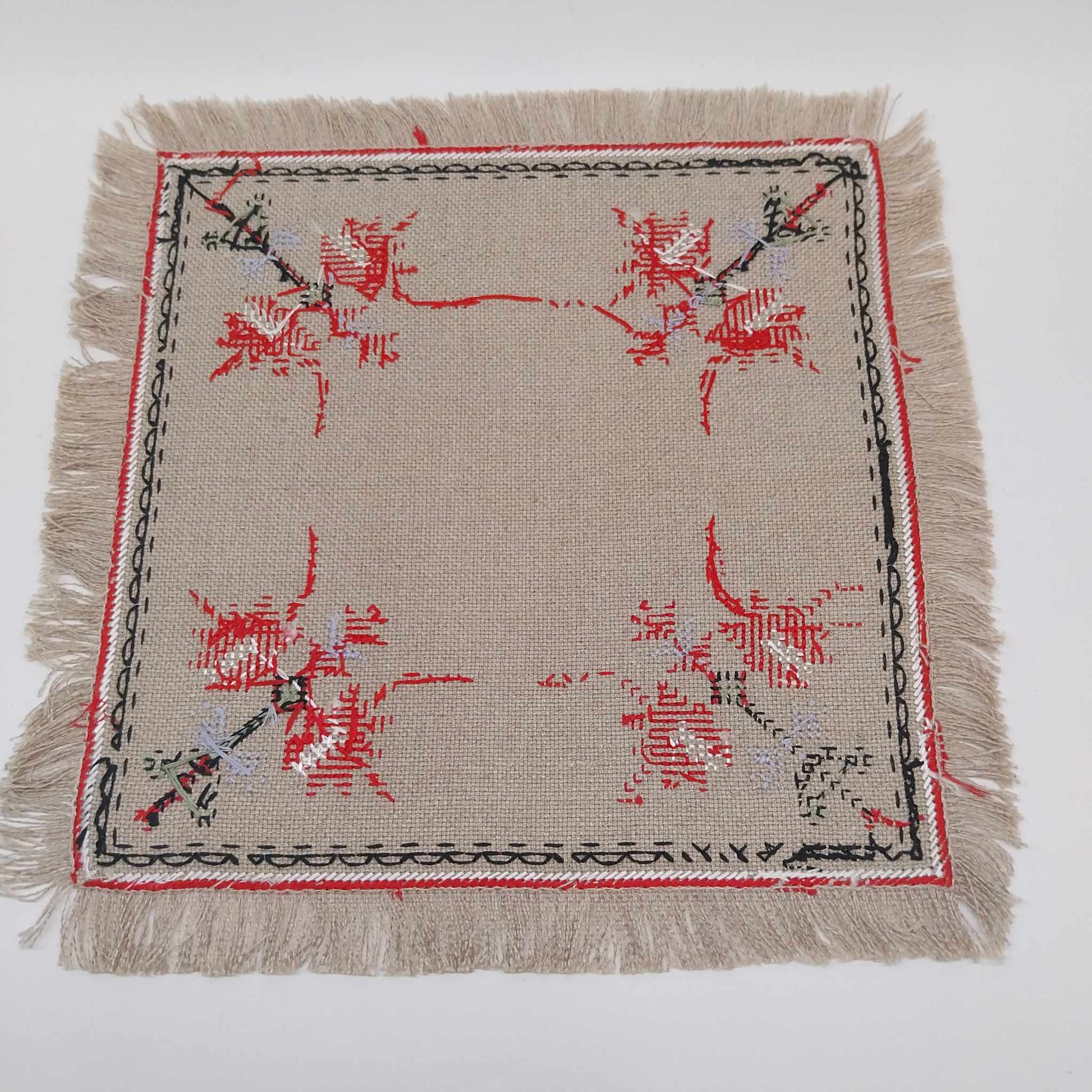Vintage Hand-Embroidered Linen Doily – Folk Cross-Stitch, 33 cm