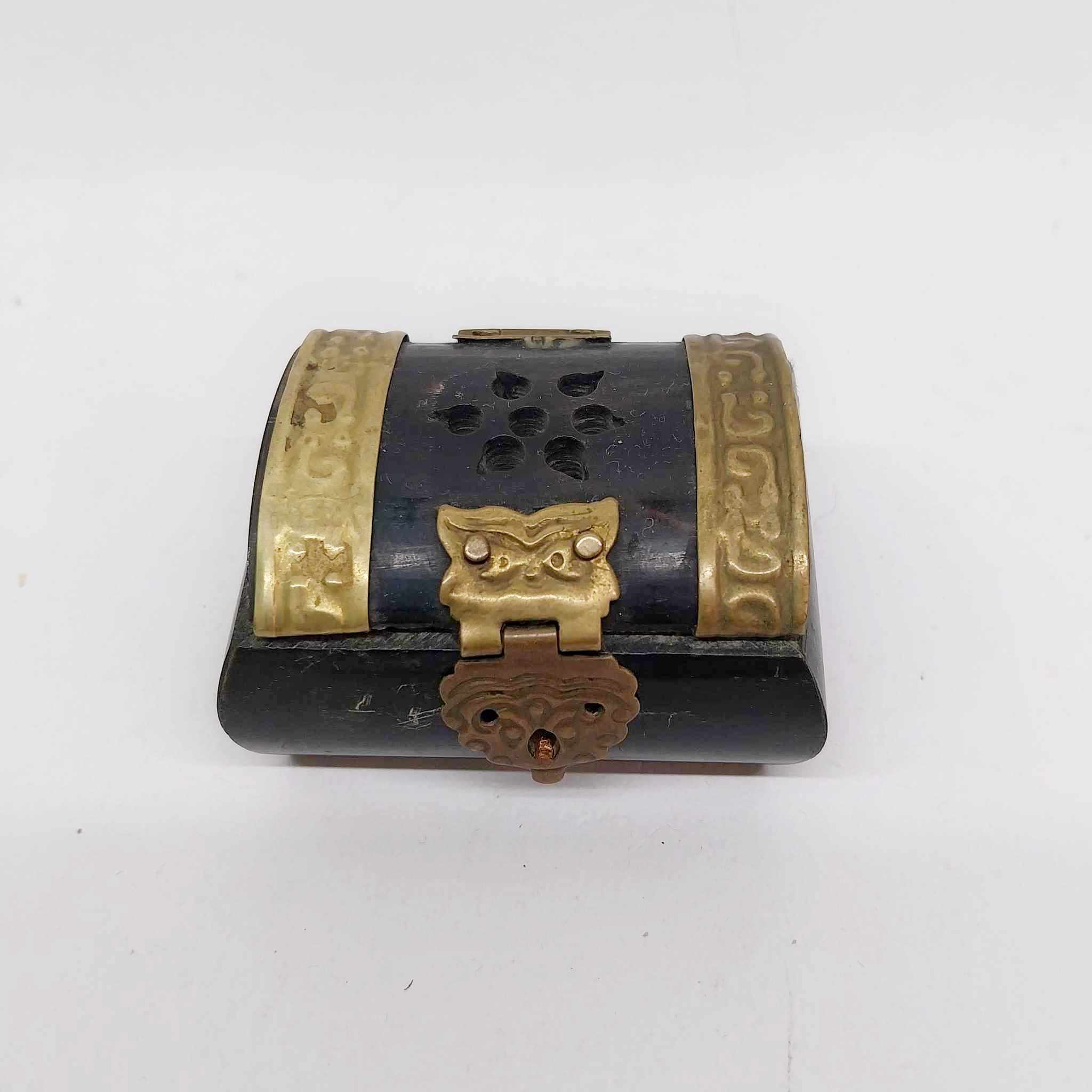 Vintage Bone & Brass Miniature Trinket Box with Lion Clasp