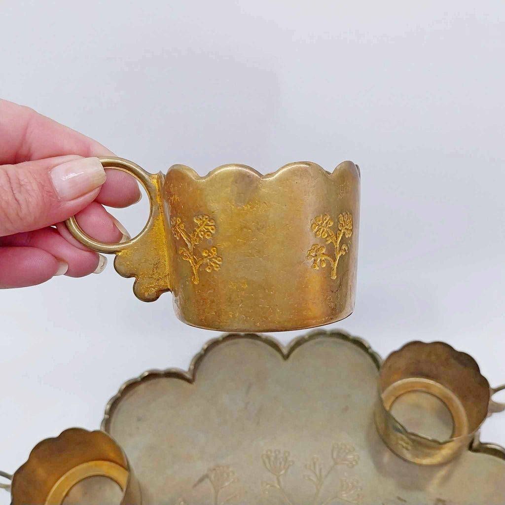 Antique Brass Serving Tray with 6 Cup Holders — Engraved Floral Set