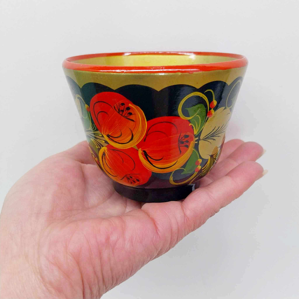 Vintage Russian Khokhloma Wooden Cup — Hand-Painted Lacquerware