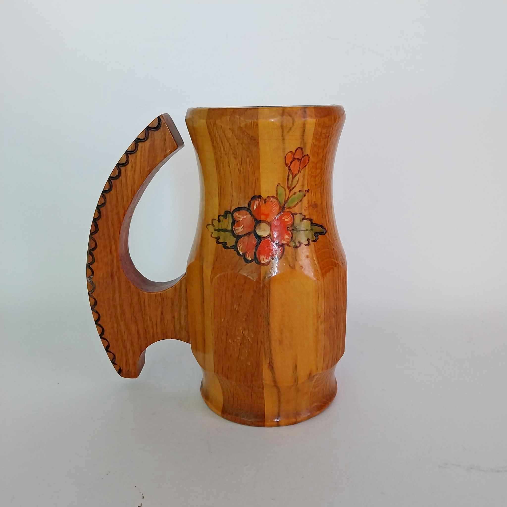 Vintage Handmade Wooden Beer Mug — Hand-painted Floral Folk Art
