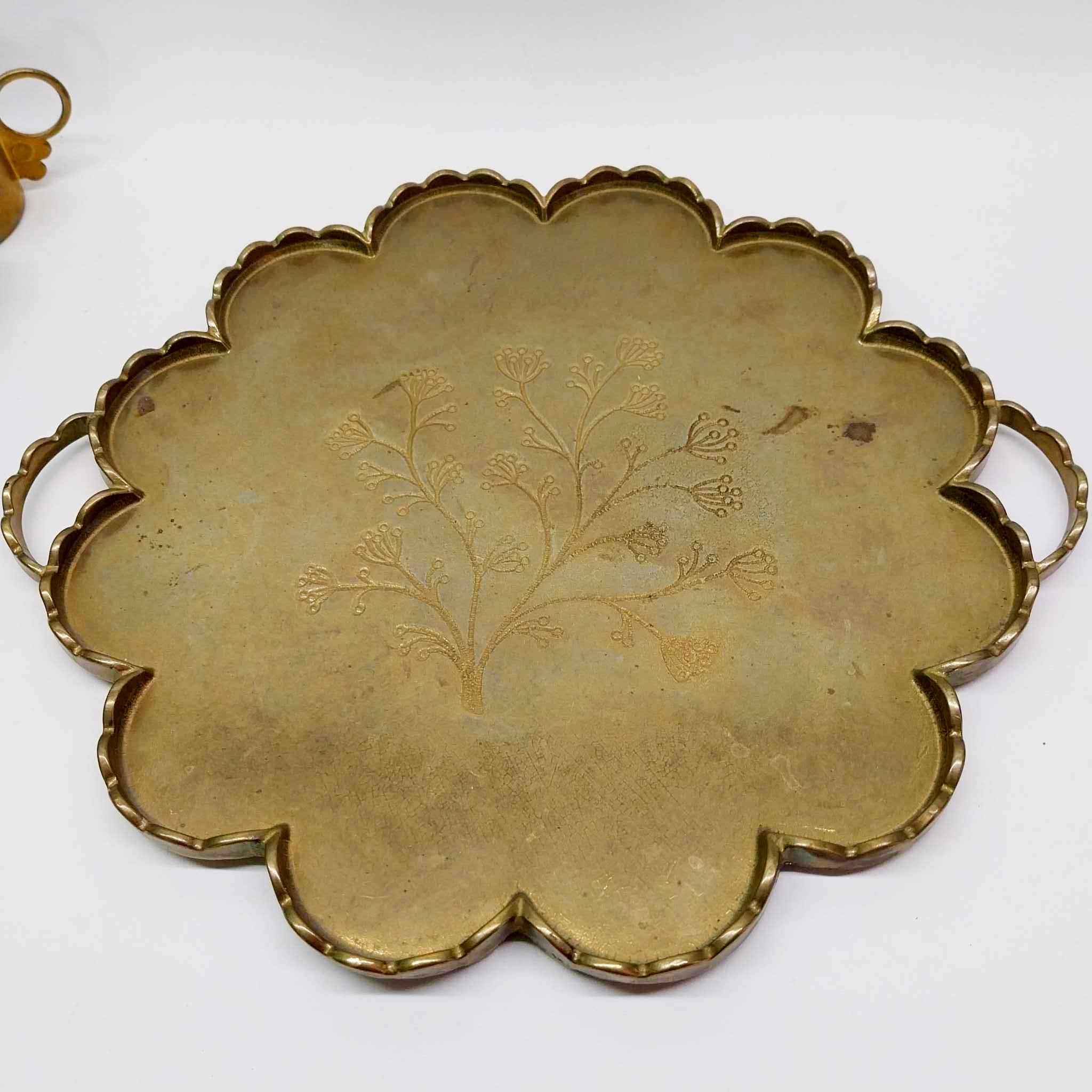 Antique Brass Serving Tray with 6 Cup Holders — Engraved Floral Set