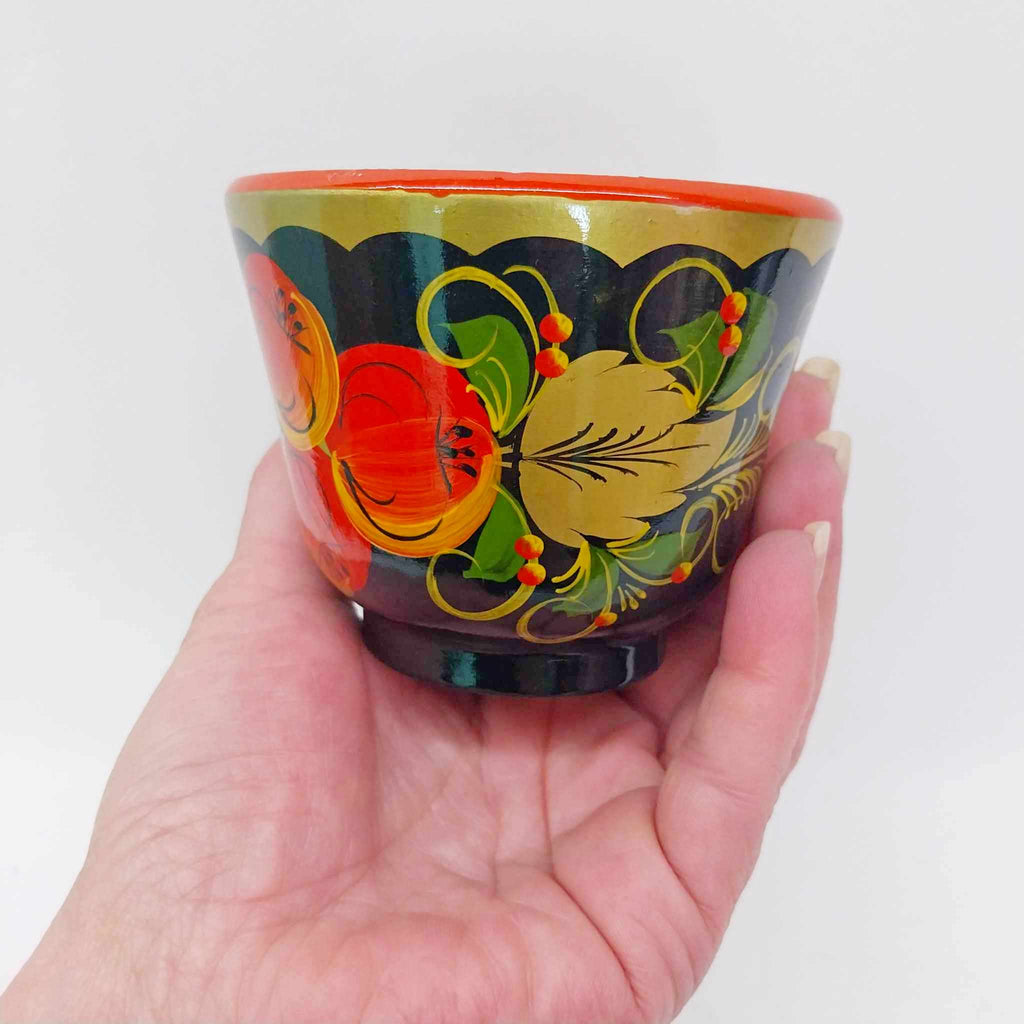 Vintage Russian Khokhloma Wooden Cup — Hand-Painted Lacquerware