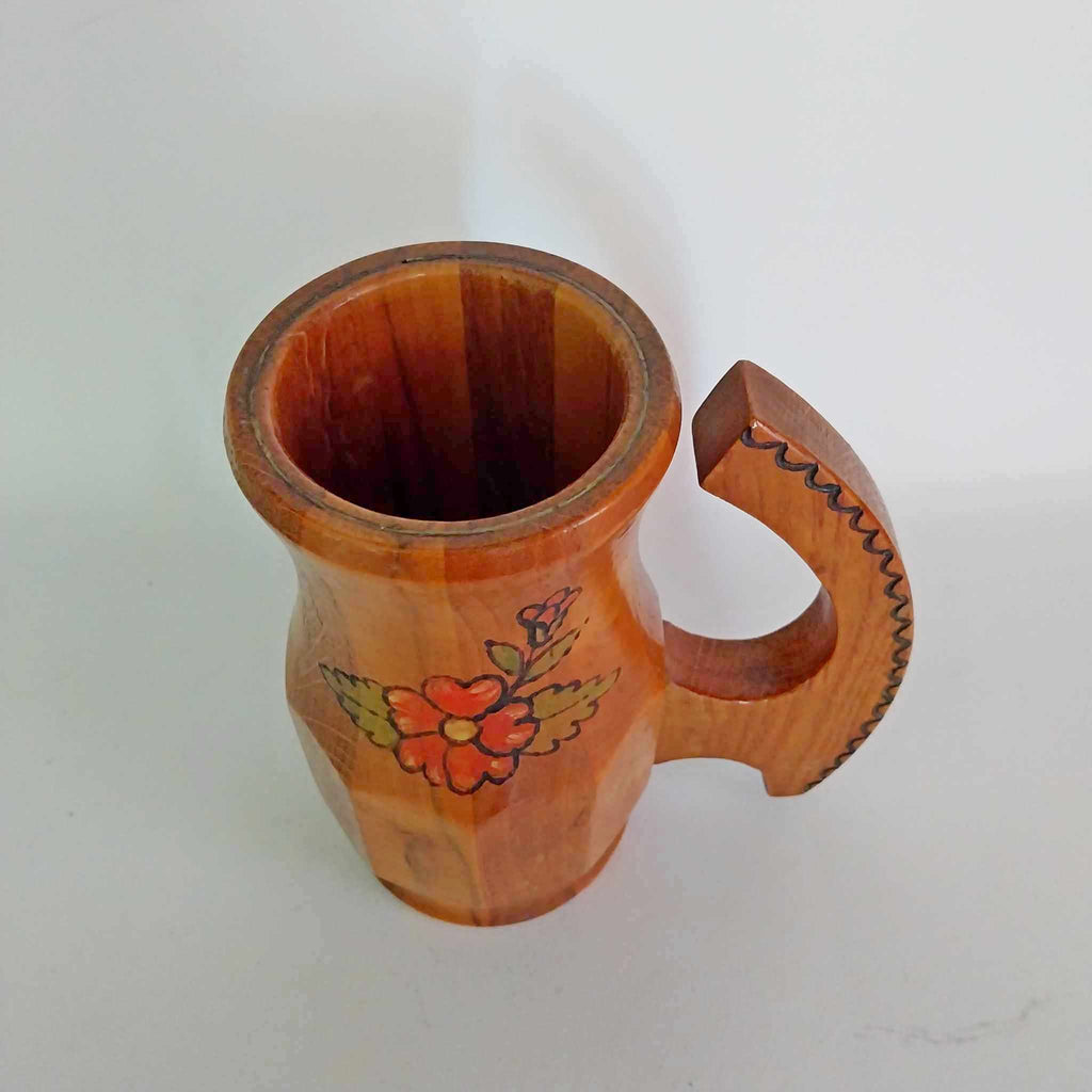 Vintage Handmade Wooden Beer Mug — Hand-painted Floral Folk Art