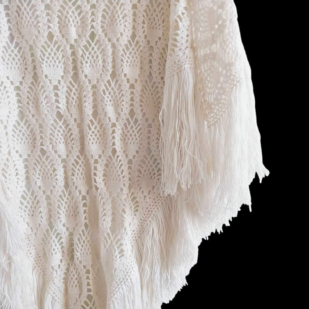 Vintage 1970s Handmade Crochet Shawl — White with long Fringe