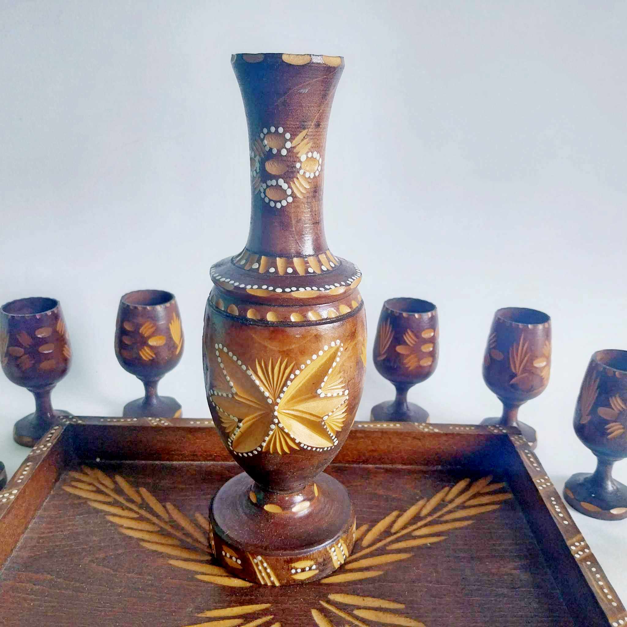 Vintage Hand-Carved Wooden Decorative Set — Tray, Decanter & 6 Goblets with Folk Motifs