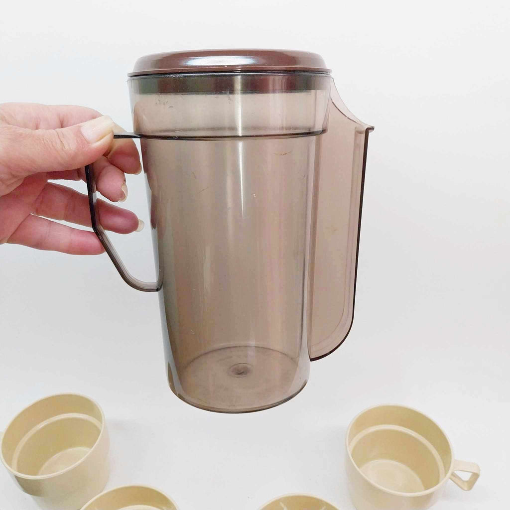 Vintage 1970s Travel Coffee Set — Pitcher, 4 Cups & 4 Saucers, Retro Plastic