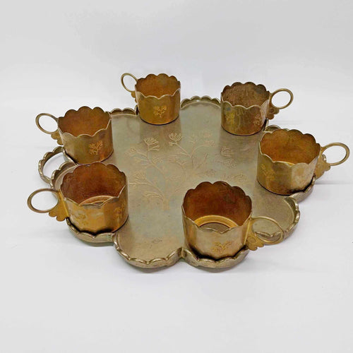 Antique Brass Serving Tray with 6 Cup Holders — Engraved Floral Set