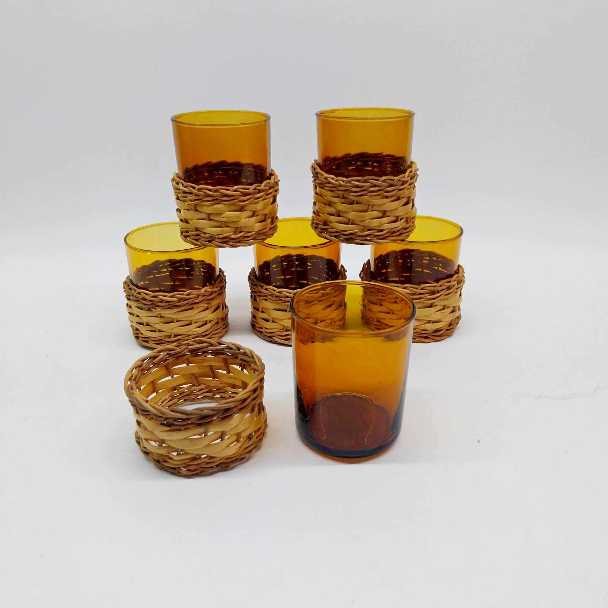 Set of 6 Vintage French Amber Glasses with Handwoven Rattan Stands