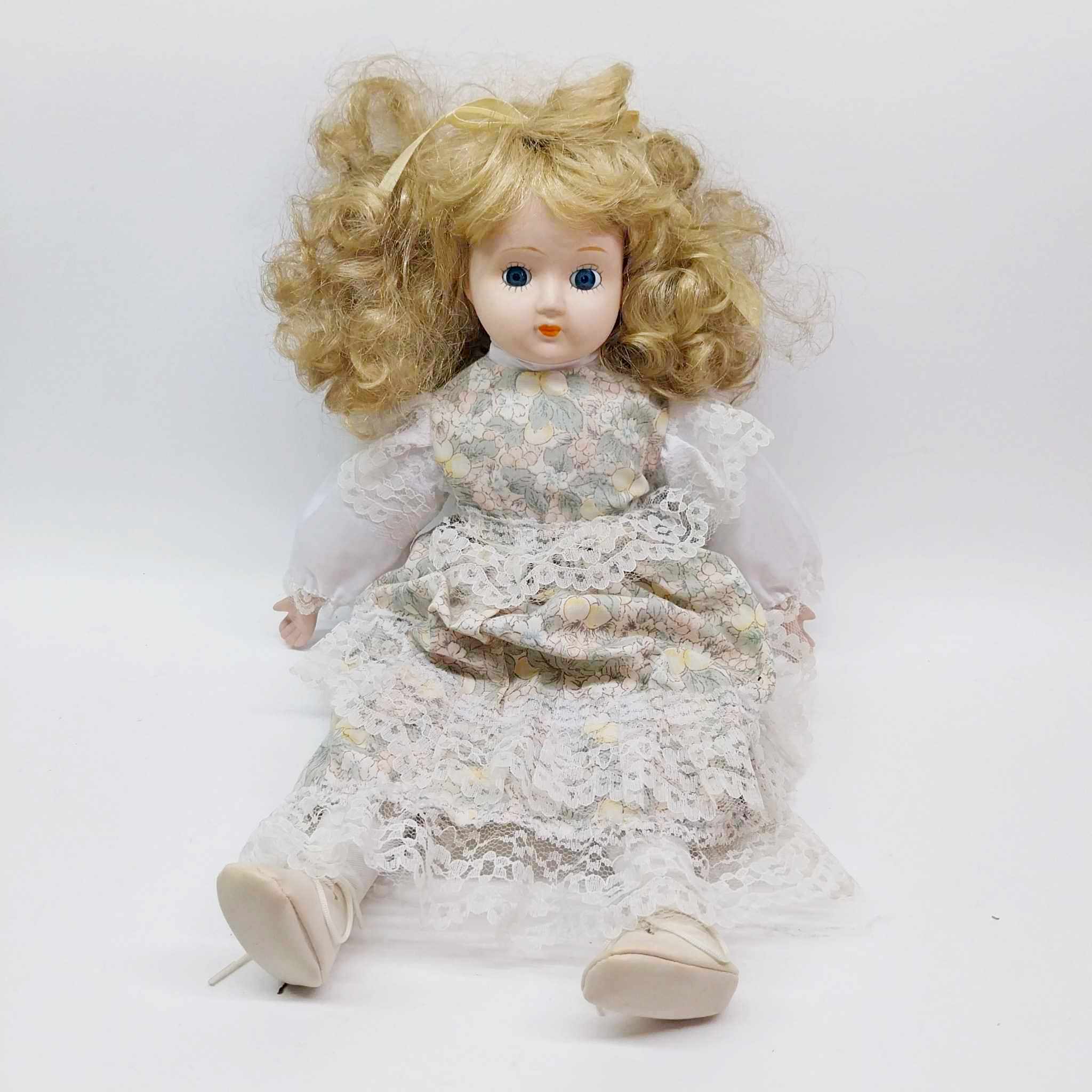 Vintage Porcelain Doll — Curly Blonde Hair, Lace Floral Dress, 1980s