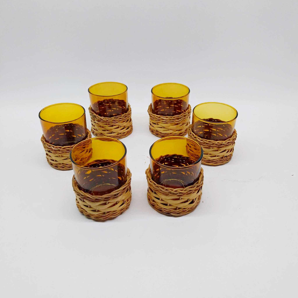 Set of 6 Vintage French Amber Glasses with Handwoven Rattan Stands