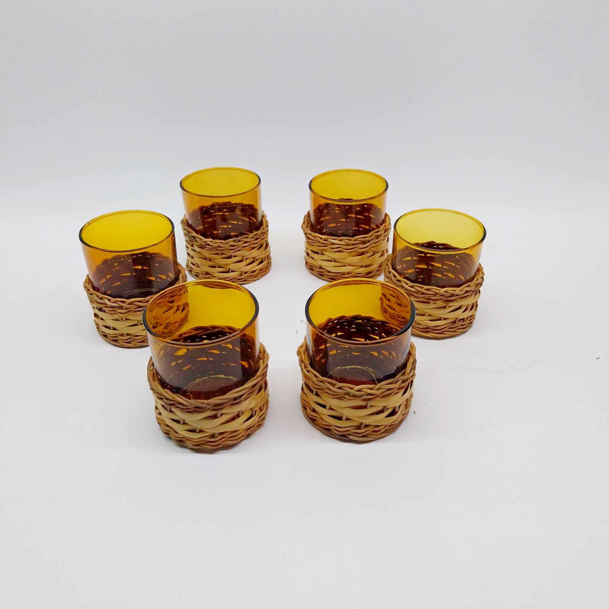 Set of 6 Vintage French Amber Glasses with Handwoven Rattan Stands