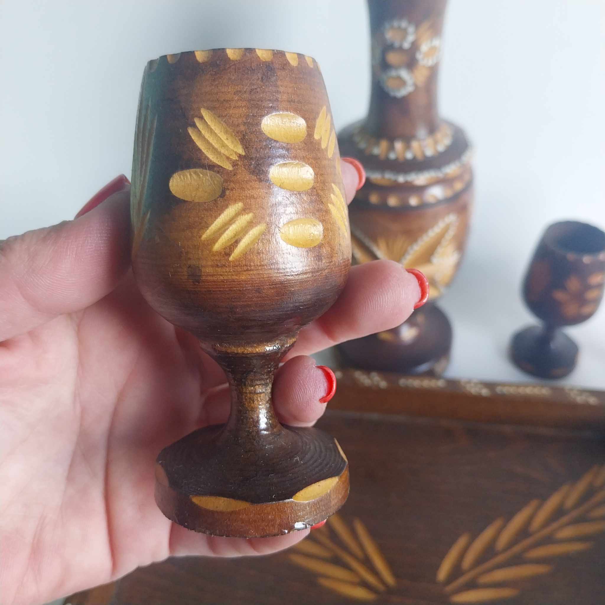 Vintage Hand-Carved Wooden Decorative Set — Tray, Decanter & 6 Goblets with Folk Motifs