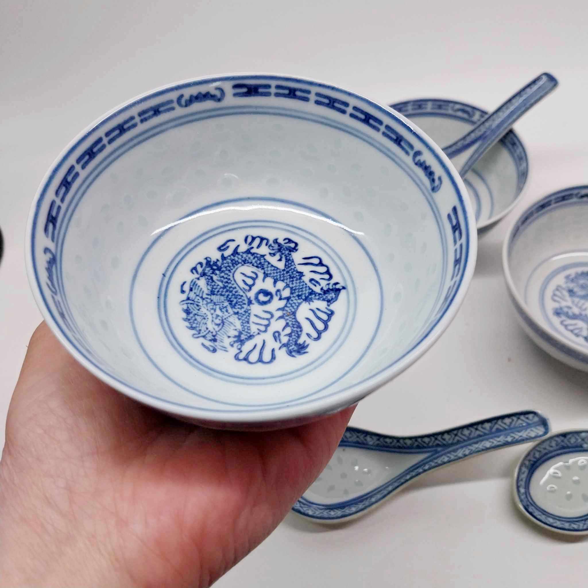 Vintage Chinese Blue & White Porcelain Set — 3 Rice Bowls with Matching Spoons, Dragon Motif