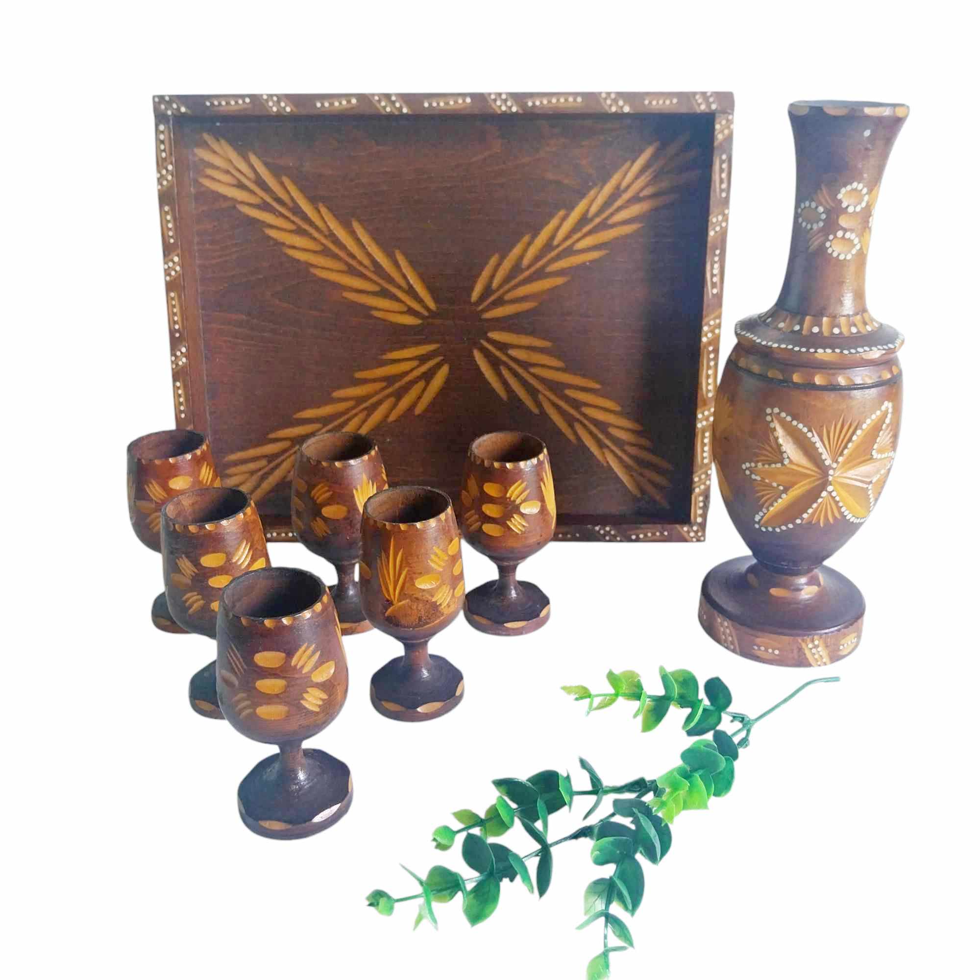 Vintage hand-carved wooden decorative set — tray, lidded vase and 6 goblets with folk motifs