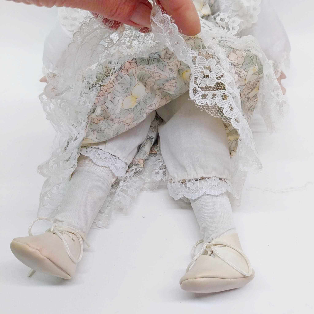 Vintage Porcelain Doll — Curly Blonde Hair, Lace Floral Dress, 1980s